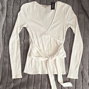 Express White Ribbed Wrap Tie Long Sleeve Top